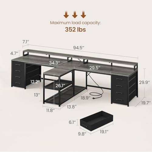 SEDETA 94.5" 2 Person Gaming Desk with 8 Drawers & Storage Shelves, Grey - Image 2