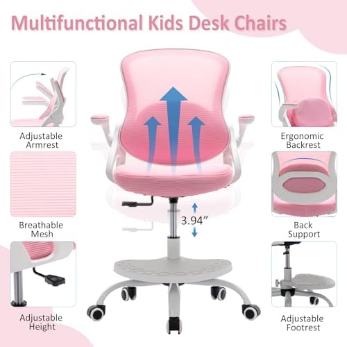 Kids Desk Chair,Ergonomic Study Chair with Adjustable Height,Swivel Mesh Desk Chair with Wheels,Home Office Chair for Children in Home Bedroom Pink - Image 3