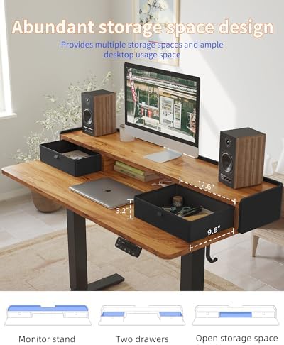 YIHAYO Electric Standing Desk with Drawers, 48 x 24 Inches Adjustable Desk with Storage Shelf, Stand Up Desk with Splice Board, Computer Table for Home Office, Black Frame/Rustic Brown Top - Image 7