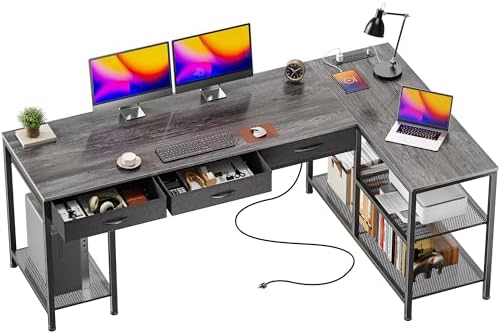 PRAISUN 63 Inch L Shaped Office Desk with Power Outlets and Type-C Port, Large Computer Gaming Desk with 3 Fabric Drawers, Mesh Shelves, Corner Study Work Writing Desk, Grey by PRAISUN