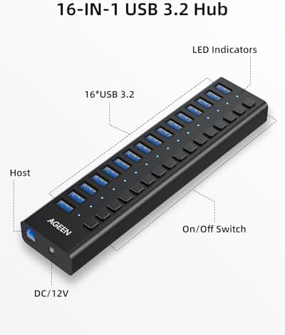 AGEEN 16-Port Powered USB 3.2 Hub, 10Gbps Data Transfer, 96W Power Adapter - Image 2