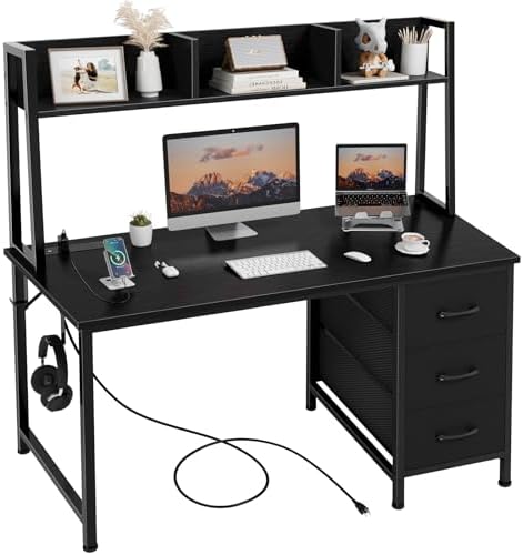DLisiting Black Computer Desk with Hutch & Drawers - Office Desk with 3 Storage Drawers and Power Outlets, 47 Inch Modern Study Writing Desk for Bedroom Home Office by Unknown