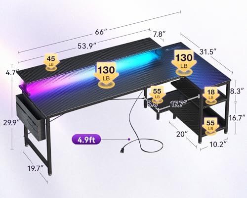 ODK 66 Inch L Shaped Gaming Desk with LED Lights, Power Outlets, Black - Image 3