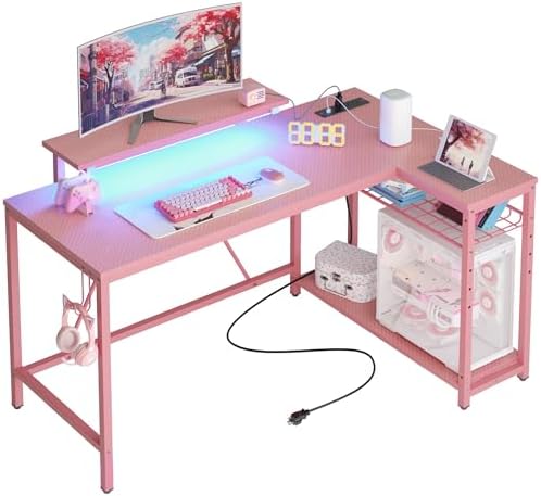 Bestier 52-Inch L-Shaped Gaming Desk with Charging & LED, Pink by Bestier