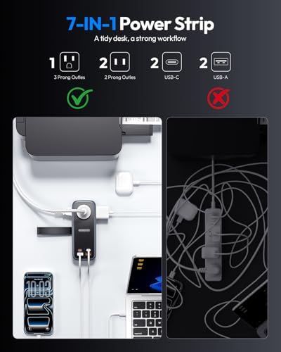 NTONPOWER 100W GAN Ultra Travel Power Strip, 7-in-1 USB C Charging Station with 3 Outlets 4 USB (2 Fast Charge)& 5FT Extension Cord, Compact Desktop Charger for MacBook, iPhone, Cruise, Office, Black - Image 3
