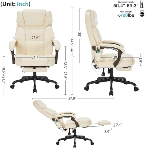 Massage Office Chair with Foot Rest 6 Points Vibration and Heat Home Office Desk Chairs for Heavy People 400lbs Reclining Managerial Chairs Ergonomic Executive Chair (Cream) - Image 2