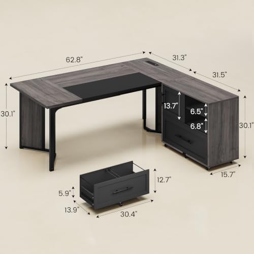 UPOSOJA 63" Executive Desk with Mobile File Cabinet, Large Office Desk with Drawer, Modern L Shaped Desk with Power Outlets, Storage Shelves, Corner Computer Desk Business Workstation Set (Grey) - Image 2