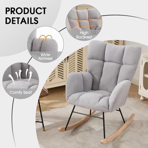 Nursery Rocking Chair, Teddy Upholstered Glider Chair with Thick Cushion, Tufted Gliding Rocker Chair with Wood Leg, Cozy Rocking Armchair, Accent Rocking Chair for Living Room (Light Gray) - Image 5