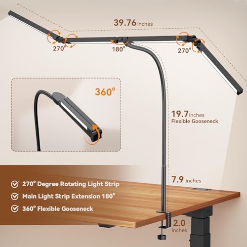 Pzloz Led Desk Lamps for Home Office - Eye Caring Architect Lamp with Clamp, Double Head Computer Monitor Work Desk Light with Remote Control: 24W Flexible Dimmable Desktop Table Lamp - Image 7