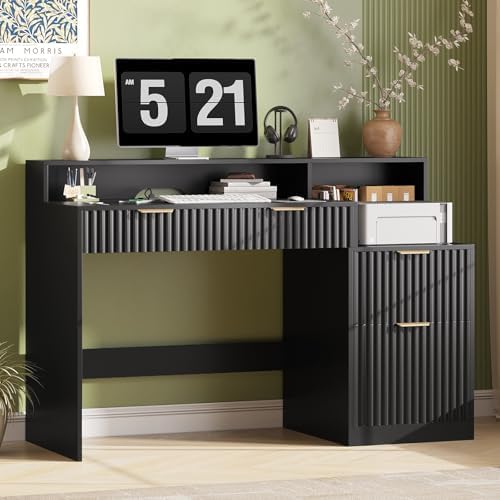Vabches Fluted Computer Desk with Power Outlets, Home Office Desk with Drawers, Printer Stand, Wood Computer Desk with Long Monitor Stand, Black by Vabches