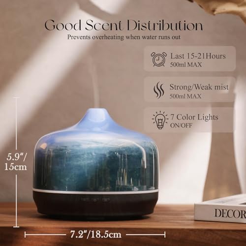 Porseme 500ml Glass Essential Oil Diffuser Aromatherapy Ultrasonic Cool Mist Humidifier 15-21 Running Hours Waterless Auto-Off Air Diffusers for Sleeping Yoga Working Spa(Dreamy Blue) - Image 3