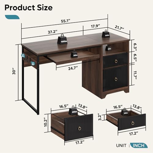 Bestier 55 Inch Wood Computer Desk with File Drawer & Keyboard Tray, Cherry - Image 3