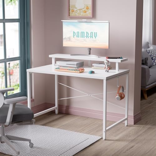 Pamray 32 Inch Small Computer Desk with Monitor Stand, Simple Office Desk with Headphone Hook for Small Spaces, Kids Study Writing Table for Bedroom, White - Image 2
