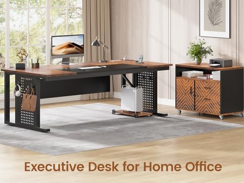 SEDETA 71" Executive Desk with Rolling File Cabinet, Large Office Desk with Drawers, L Shaped Computer Desk with Power Outlets, CPU Stand, Pegboard and Storage Shelves, Rustic Brown - Image 3