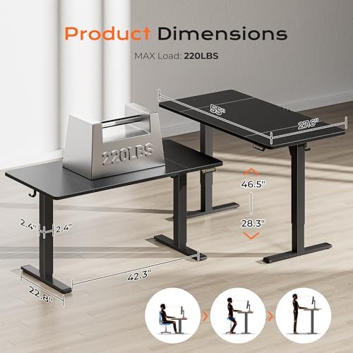 Huuger 55 x 28 Large Electric Standing Desk, Height Adjustable Computer Desk, 27.6" Deep Desktop, Stand up Gaming Office Table with 2 Hooks, 3 Preset Heights, for Home Office, Black - Image 2