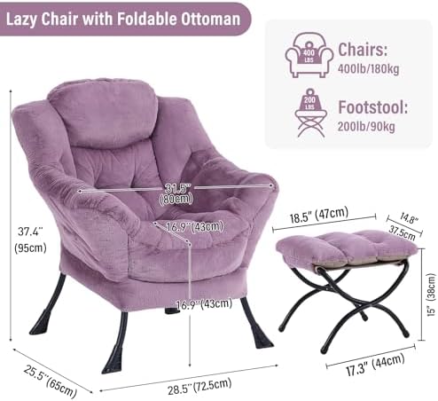 Furlide Lazy Chair with Ottoman, Comfy Plush Reading Chair for Bedroom，Purple - Image 2