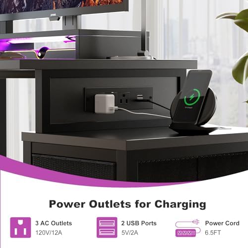 Small Gaming Desk with 2 Fabric Drawers - Reversible Computer Desk with Power Outlet & LED Lights, 49" Office Desk with Monitor Stand & Storage Shelves, Writing Study Table with Pegboard, Black - Image 6