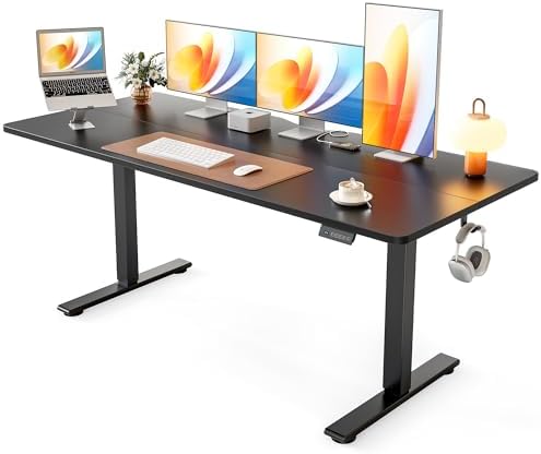 Cubiker Standing Desk, 63x28 Inches Sit Stand Home Office Desk, Electric Stand up Desk, Adjustable Desk with Splice Board, Black Frame/Black Top by CubikerHomeOfficeFurniture