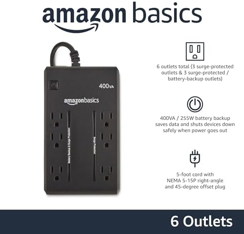 Amazon Basics UPS Battery Backup & Surge Protector, 400VA/255W, 6 Outlets, Uninterruptible Power Supply, Small Compact Size, Black - Image 2