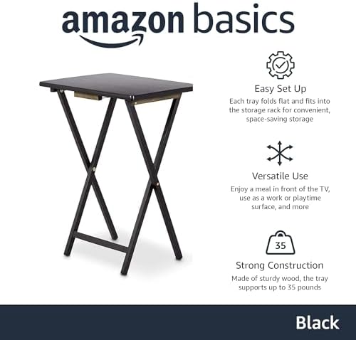 Amazon Basics Portable Foldable TV Tray Table with Storage Rack, Space-Saving Design, 15" x 19" x 26", Black, 4-Pack - Image 2