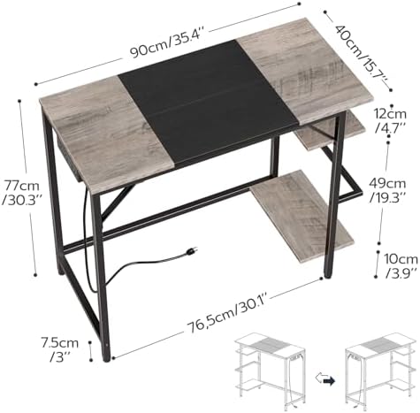 HOOBRO Small Computer Desk, 35.4 Inch Home Office Desk with Power Outlet, Writing Desk with 2 Shelves, Modern Small Desk for Home Office, Study, Easy to Assemble, Charcoal Gray and Black BG43UDN01 - Image 3
