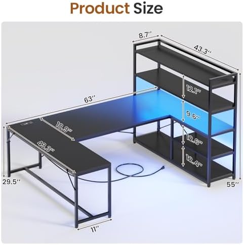 SEDETA L Shaped Gaming Desk, 63'' Reversible Computer Desk with Power Outlet and Storage Shelves, Corner Gaming Desk with LED Lights, Bookshelf for Home Office, Black - Image 2