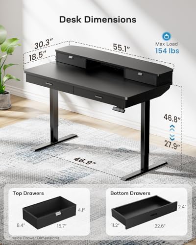 HUANUO 55 x 30 inch Electric Standing Desk with 2 Wood Drawers, Adjustable Height Sit Stand Desk for Home Office, Ergonomic Stand up Desk with 4 Memory Presets, 176 lbs Capacity, Black Top - Image 3