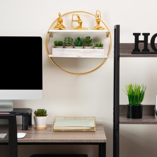 Mind Reader Round Wall Shelf, Gold Metal Frame with Dual White MDF Shelves, Decorative Wall Display for Living Room, Bathroom, Office, Metal. MDF, White - Image 5