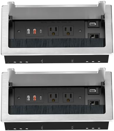 Kungfuking 2Pack Conference Table Power Hub, Outlet Multimedia Connectivity Box with 1 HDMI + 1 RJ45 + 20W USB C + 2 USB A + 2 AC Outlets, Heavy Duty Metal for Countertop Office UL Listed by Kungfuking