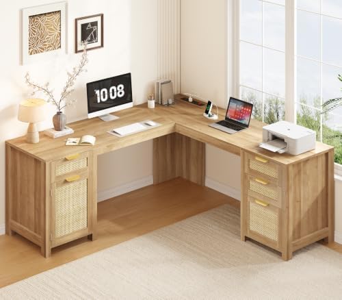 59" Rattan L Shaped Desk with Drawers & Storage Cabinet for Home Office - Image 2