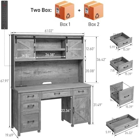 Vabches Farmhouse 67" H Executive Desk with Hutch & 5 Drawers,Grey - Image 2