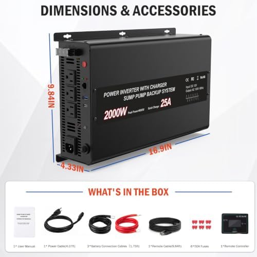 Sump Pump Battery Backup System, 2000W Pure Sine Wave Inverter with Remote Control & LCD Screen, Auto Switches to Battery Power, for Basement Flood Protection & Power Outage Emergency - Image 6