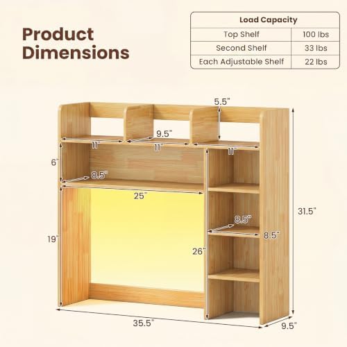 LDAILY Desktop Bookshelf with LED Lights, 35.5’’ Wooden Desk Shelf with 8 Cubes & 3 Adjustable Storage Shelves, 5-Tier Desk Hutch for Dorm College Office Computer Monitor Up to 25’’(Burlywood) - Image 2