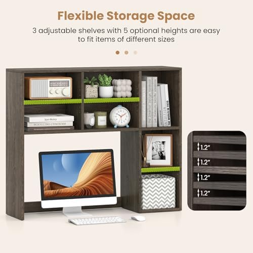 LDAILY Desktop Bookshelf, 37’’ Wood Desk Shelf with 7 Cubes & 3 Adjustable Shelves, 3-Tier Desk Display Rack, Desk Hutch for Dorm College Office Computer Monitor Up to 27’’ (Grey Oak, 7 Shelves) - Image 4