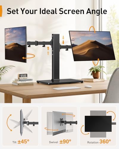 Perlegear Dual Monitor Stand with Power Strip, Freestanding Computer Monitor Stand for 2 Screens up to 32 Inch, Monitor Stand Riser with Glass Base and Adjustable Arms, Holds 22 lbs per Arm, PGTVS41B - Image 5