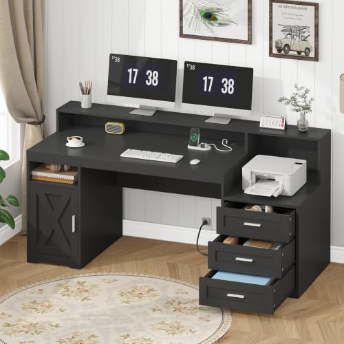 65" Farmhouse Computer Desk with Drawers and Printer Stand for Home Office by TVU