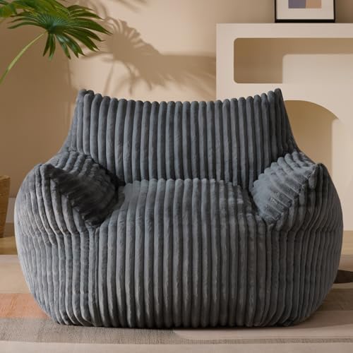 Giant Plush Bean Bag Chair for Adults with Armrests - Oversized Comfy Grey Beanbag Lounge Lazy Floor Sofa Accent Chair for Living Room, Bedroom & Dorm, Cozy Fluffy Single Cloud Mini Couch by Gericco