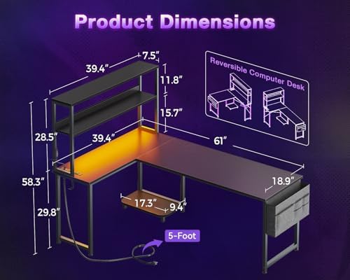ODK 61" L Shaped Gaming Computer Desk with Shelves, LED & Outlets, Black - Image 3