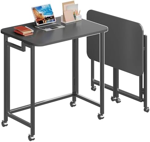 4NM 23.6" Mobile Small Rolling Computer Desk, Folding Laptop Cart Table with Wheels, Portable Office Desk for Small Space Couch Bed - All Black by 4NM