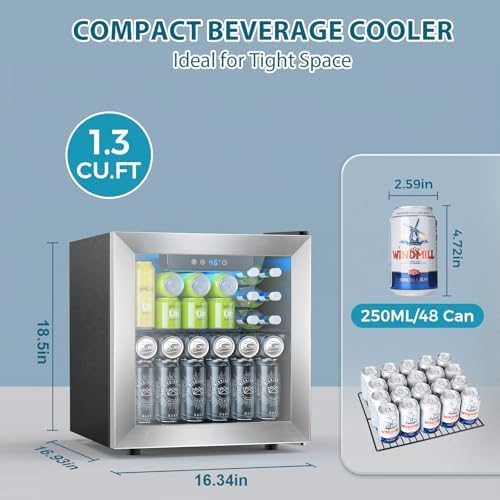 Electactic 48 Can Beverage Refrigerator,12 Bottle Wine Cooler with Stainless Steel Glass Door, Digital Temperature Display, Countertop Mini Fridge for Soda, Wine or Beer, Silver - Image 2