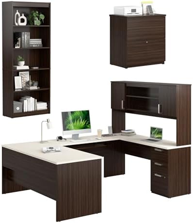 Bestar, Ridgeley Collection, 3-Piece Set Including a U-Shaped Desk with Hutch, a Lateral File Cabinet, and a Bookcase by Bestar