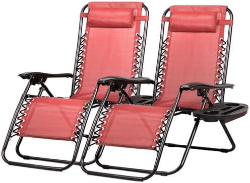 Nazhura Set of 2 Relaxing Recliners Patio Chairs Adjustable Steel Mesh Zero Gravity Lounge Chair Beach Chairs with Pillow and Cup Holder Khaki (Pink) by NazhuraGoodCompanionAtHome