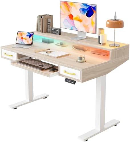 TIQLAB Standing Desk with Two Drawers, Stand Up Standing Desk Adjustable Height, Electric Sit Stand Table with Storage Shelf and Splice Board, with LED Light, 47 * 28 inch, Light Walnut by TIQLAB