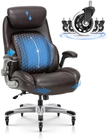 COLAMY Office Ergonomic Desk High Back Executive Chair with Pop-Out Lumbar Support, Upgraded Casters, Adjustable Headrest, Flip-Up Arms, Leather Home with Thick Cushion for Comfort - Brown by COLAMYHOME
