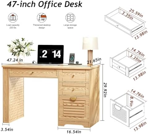 Ieejdn 47" Home Office Desks, Executive Desk, Farmhouse Computer Desk with Drawers and Charging Station, File Drawer, Storage Cabinet, Rustic Computer Writing Desk,Antique Natural - Image 2