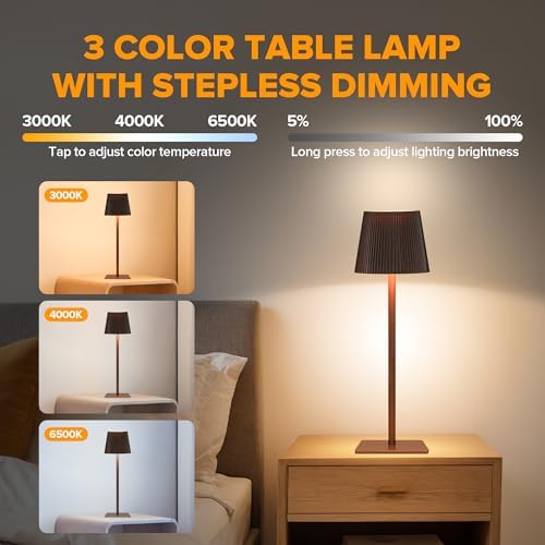 LUTEC 4 Pack Cordless Table Lamp,6000mAh Rechargeable Battery Operated Desk Lamp,Two Adjustable Heights,Waterproof, Touch Control & 3 Color Stepless Dimming for Restaurant/Bedroom/Bars/Outdoor (Brown) - Image 2