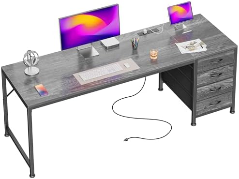 PRAISUN 63 Inch Computer Office Desk with Power Outelts and USB-C Port, Reversible Gaming Desk with 4 Fabric Drawers, Work Study Desk Work from Home, Grey by PRAISUN