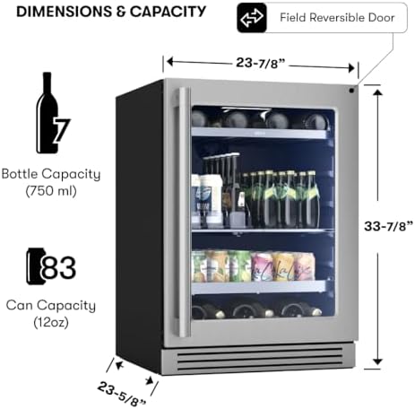 Zephyr 24" Wine Fridge & Beverage Refrigerator Single Zone Under Counter - Mini Wine Cooler Cellars Small Beer Fridge Cabinet Drink Chiller Freestanding Wine Beverage Cooler, 7 bottles,112 cans - Image 3