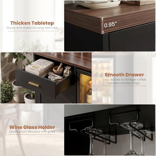 Unikito Coffee Bar Cabinet with Mini Fridge Space & Power Outlet, Black - Image 3