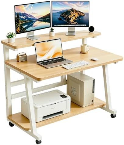 47.2 Inch Compact Rolling Computer Desk with Tier Worktable & Lockable Wheels, Small Computer Desk, Small Desk for Bedroom, Mobile Writing Workstation Easy Assembly for Home Office Small Spaces by HDOFM